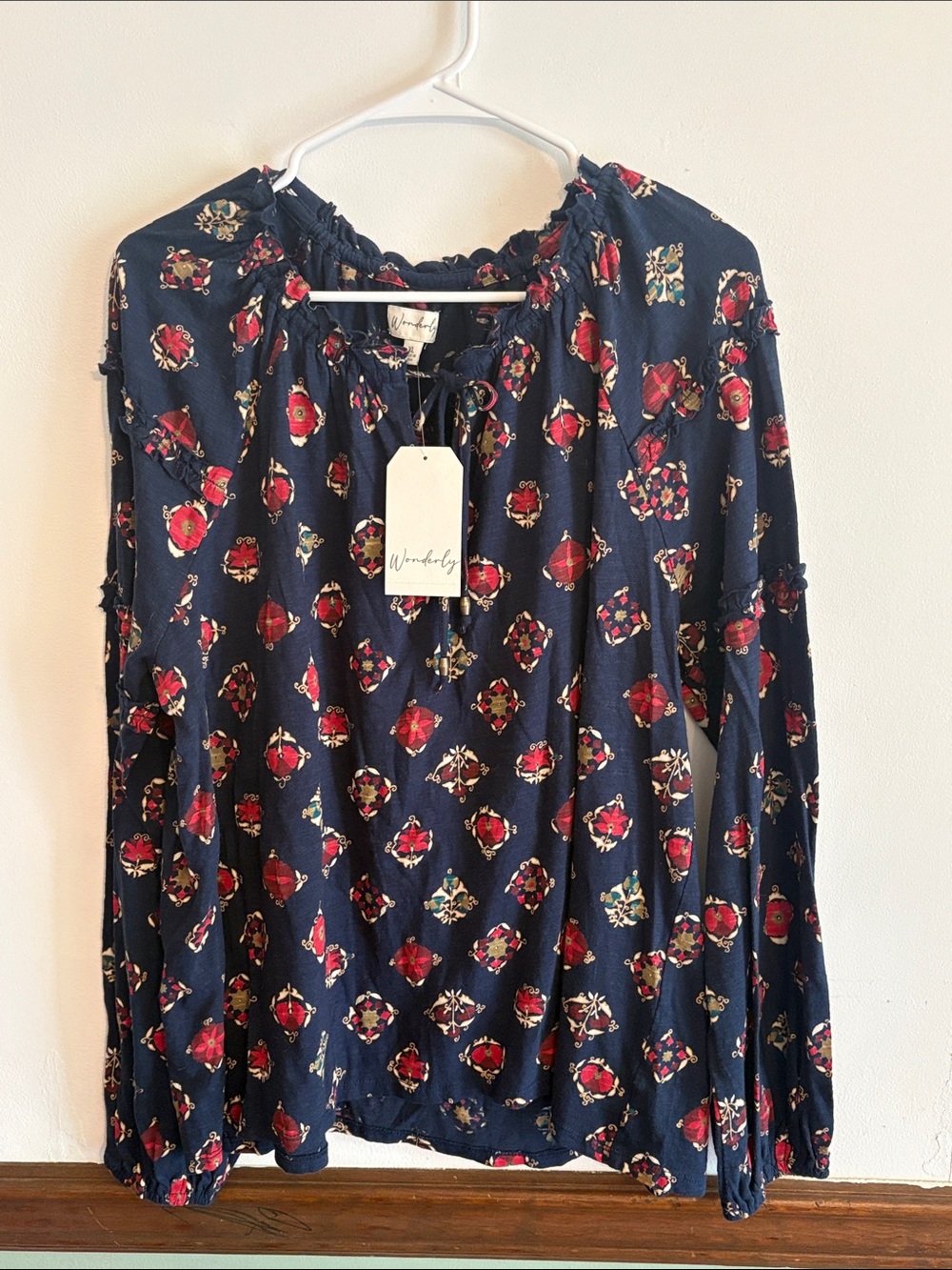 Wonderly Navy Floral Women’s Peasant Blouse with Tie Neck